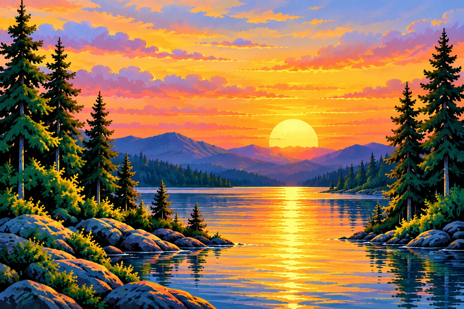 Golden sunset over a pine-lined lake